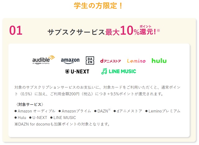 三井住友カードの学生ポイントの説明サブスクサービス最大10％還元