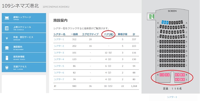 109シネマズ港北施設案内とペアシート位置