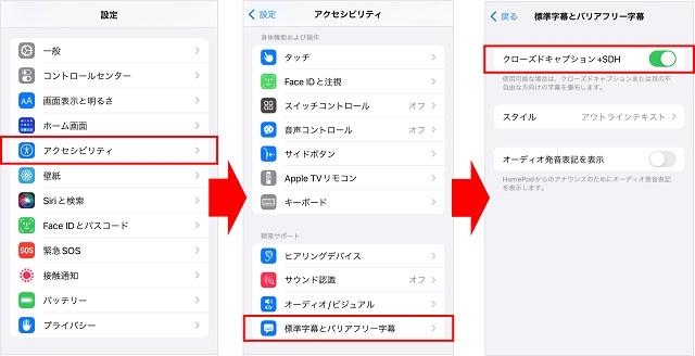 iPhoneの設定画面からTVerの字幕をオンにする方法（「設定」を開き、「アクセシビリティ」→「標準字幕とバリアフリー字幕」→「クローズドキャプション＋SDH」の順に進み、字幕のオンオフが切り替える）