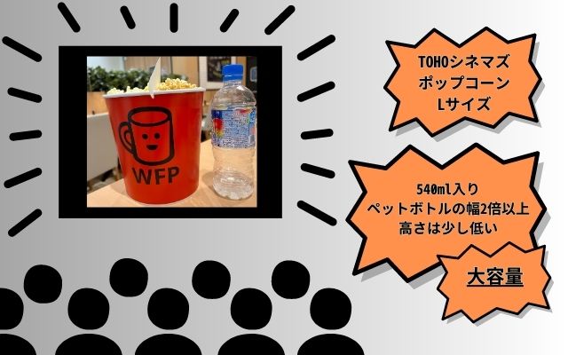 TOHOシネマズ ポップコーン Lサイズとペットボトル比較画像