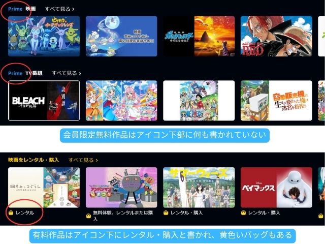 Prime会員限定無料作品はアイコン下部に何も書かれていない