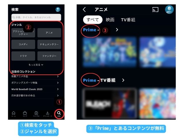 prime会員限定無料の動画を探す場合①アプリを開き、アプリトップの右下にある「検索」をタッチ ②見たいジャンルを選択 ③primeのカテゴリーから見たい動画を選択