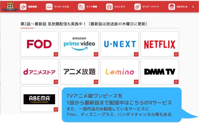 ワンピースが1話から最新話まで配信しているのは9サービス、FOD、プライムビデオ、U-NEXT、Netflix、dアニメストア、アニメ放題、Lemino、DMMTV、ABEMA