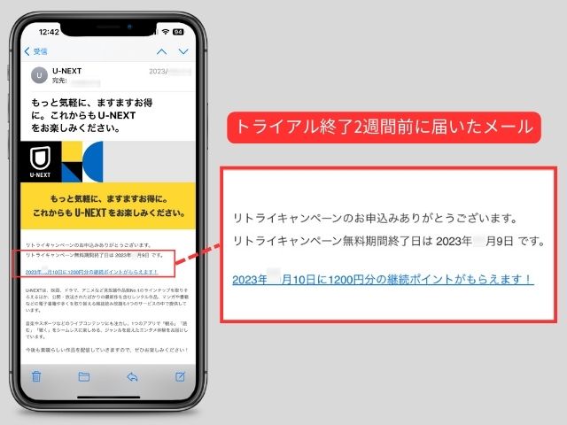 U-NEXTリトライキャンペーン終了日2週間前に届いたメール