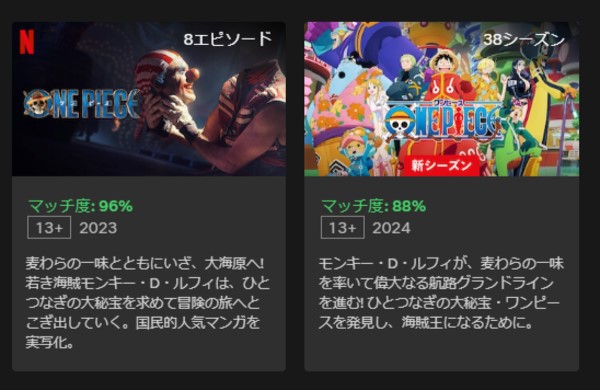 Netflixではワンピースのアニメと実写版が全話配信中