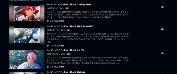 アマプラで水星の魔女の2期はシーズン1としてまとめられている